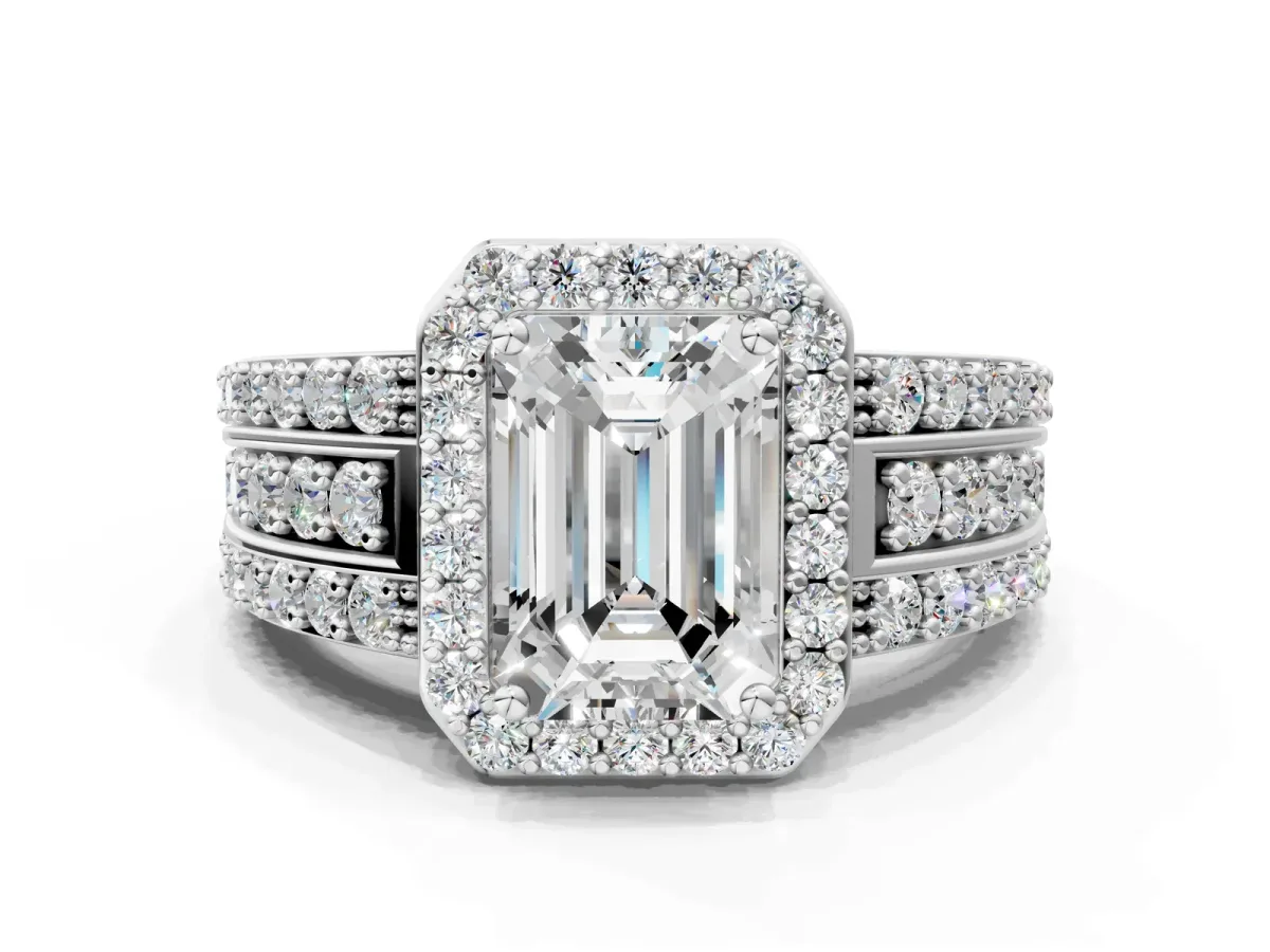 Emerald Cut Halo Diamond Ring with Round Split Shank and Prong Setting Platinum