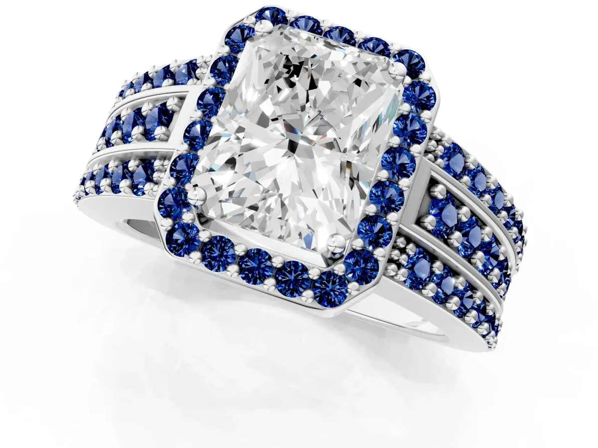 Radiant Cut Halo Diamond Ring with Round Blue Sapphire Split Shank and Prong Setting Silver