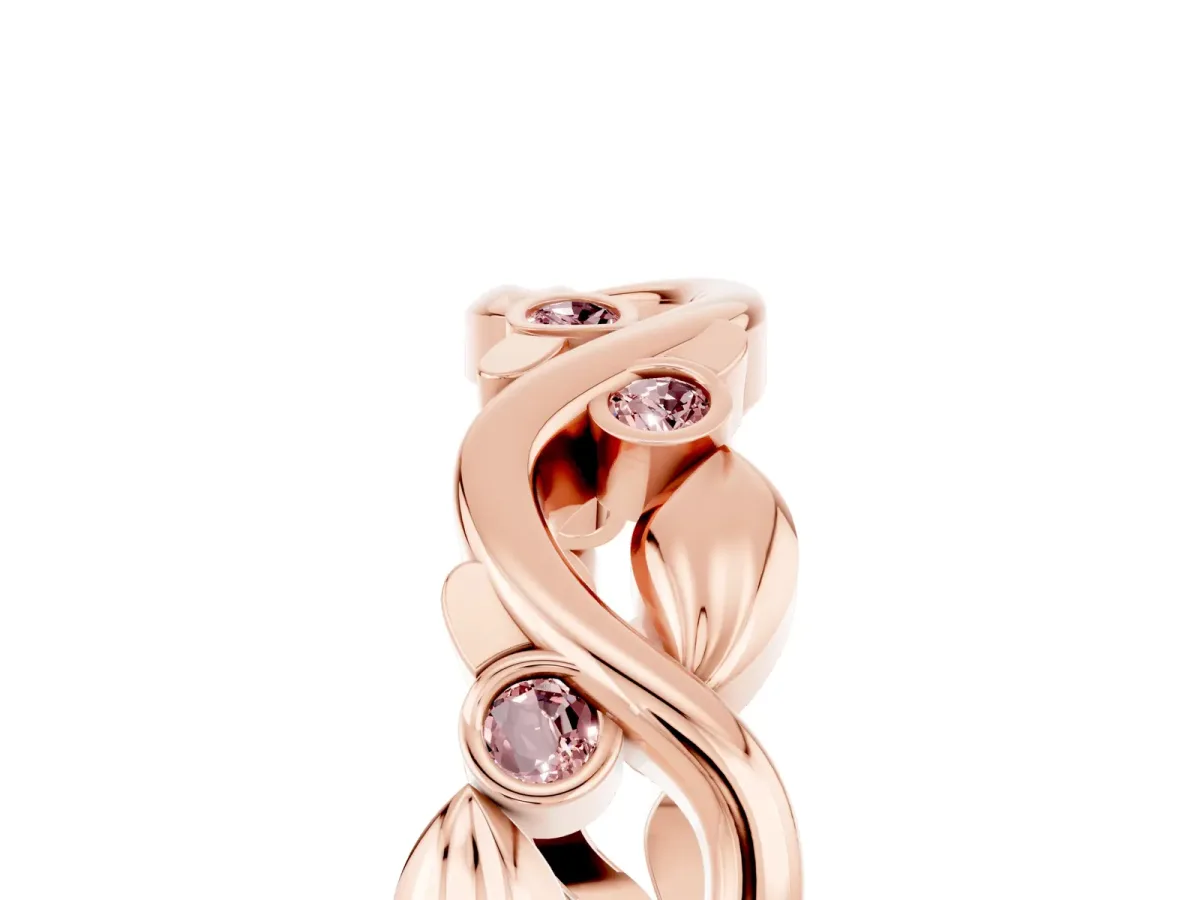 Round Morganite Leaf Eternity Band with Bezel Setting Rose gold