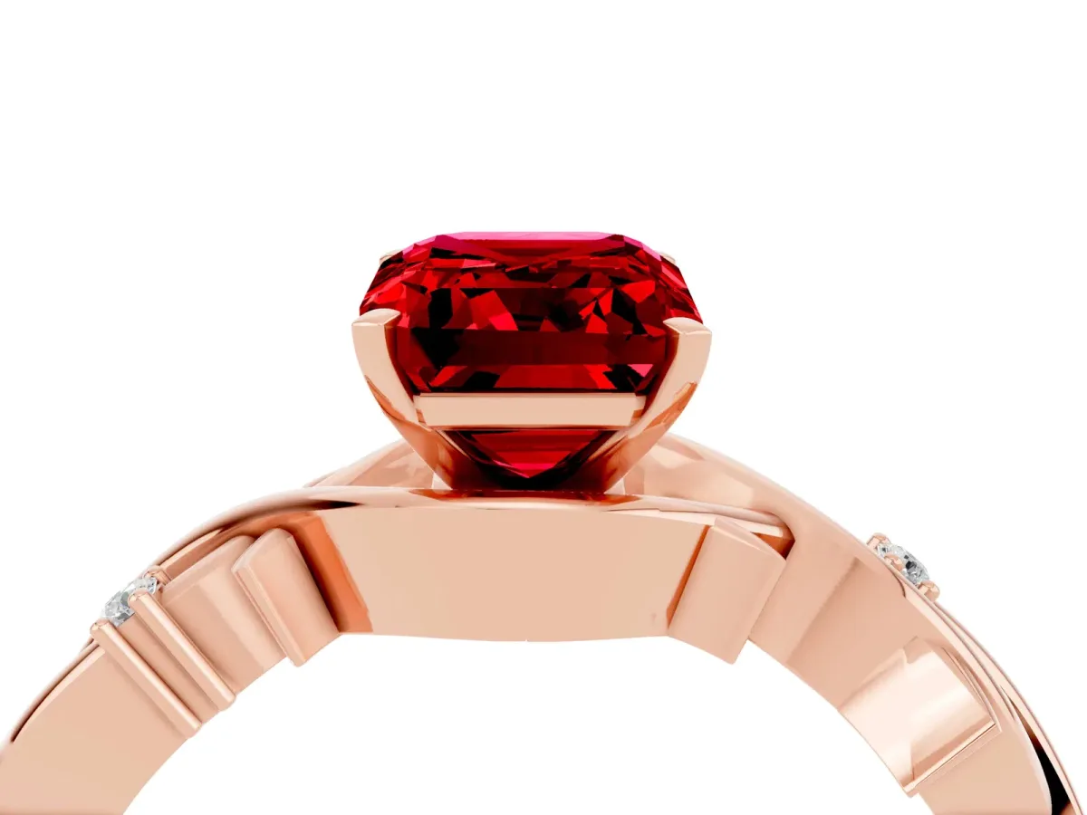 Emerald Cut Ruby Solitaire Ring with Twisted Band and Prong Setting Rose gold