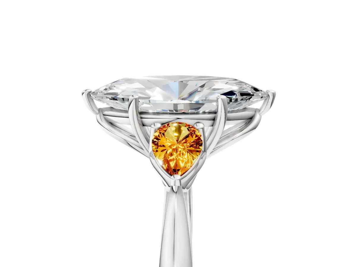 Marquise Cut Diamond Three-Stone Ring with Pear Citrine Side Stones and Prong Setting Silver