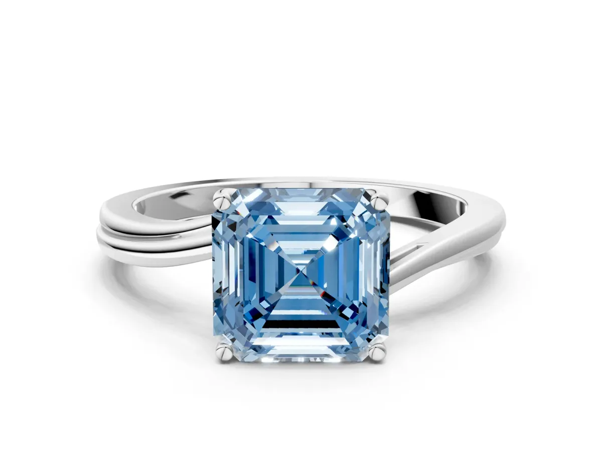 Fancy Blue Asscher Cut Cut Solitaire Twist Band Ring with Four-Prong Setting Platinum
