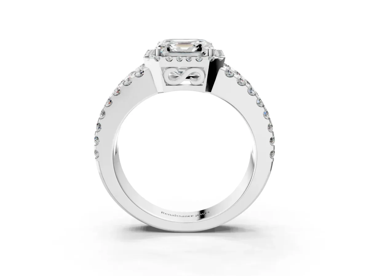 Asscher Cut Cut Halo Split Shank Diamond Ring with Four-Prong Setting Platinum