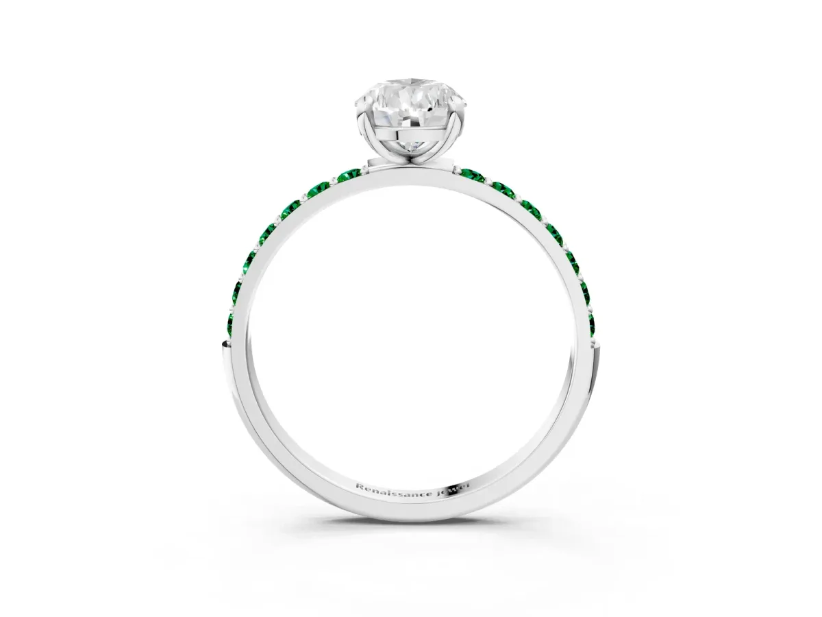 Pear Cut Diamond Solitaire Ring with Round Emerald Pavé Band and Prong Setting Platinum