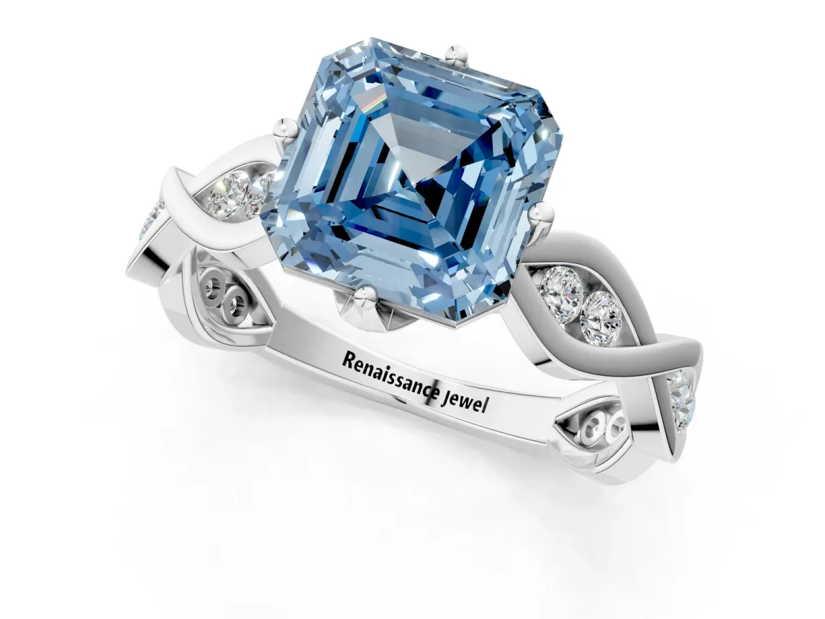 Fancy Blue Asscher Cut Solitaire Twist Band with Leaf Prong Setting Platinum