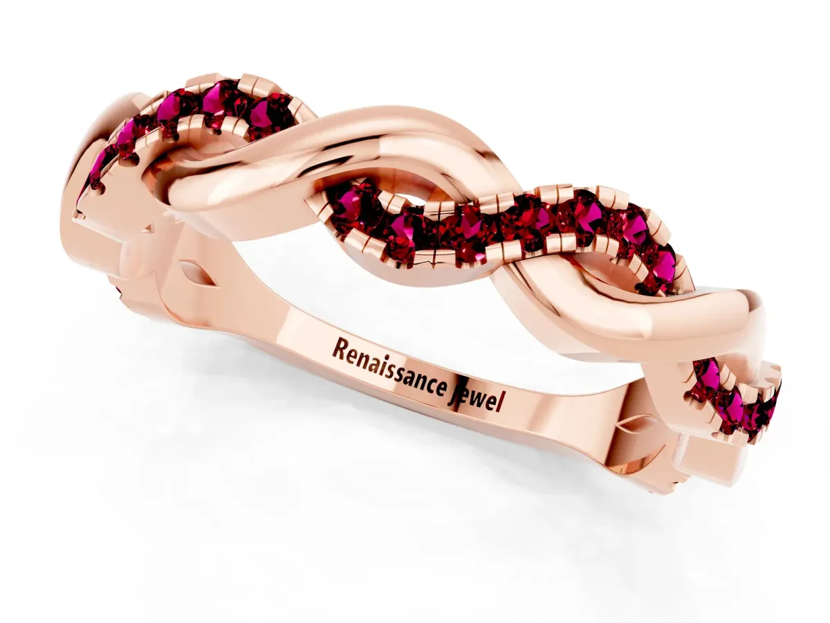 Pavé Round Garnet Twist Eternity Band with Shared Prong Setting Rose gold