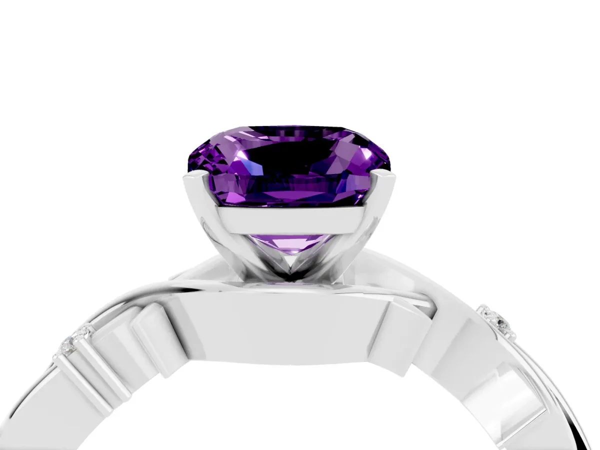 Cushion Cut Amethyst Solitaire Ring with Twisted Band and Prong Setting Silver