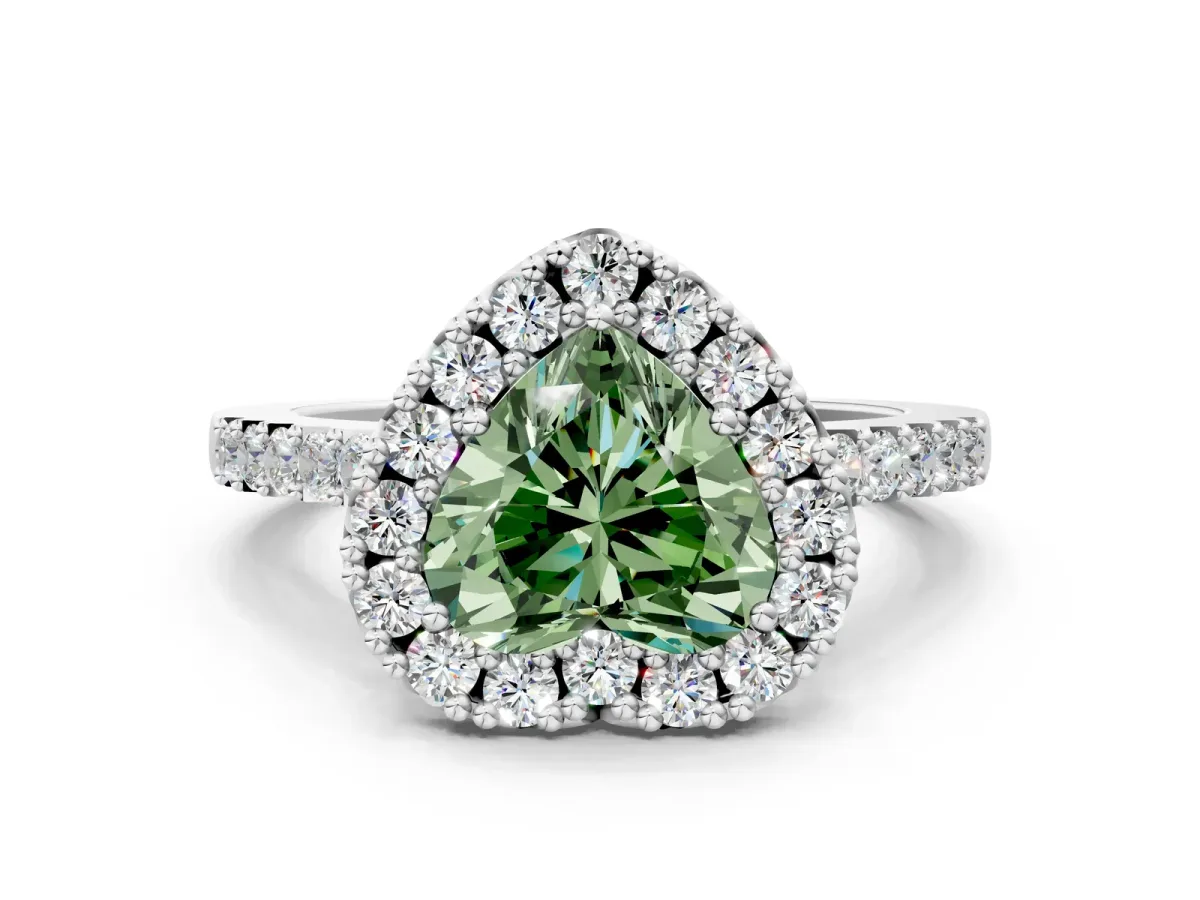 Fancy Green Heart Cut Halo Diamond Pavé Solitaire Ring Platinum