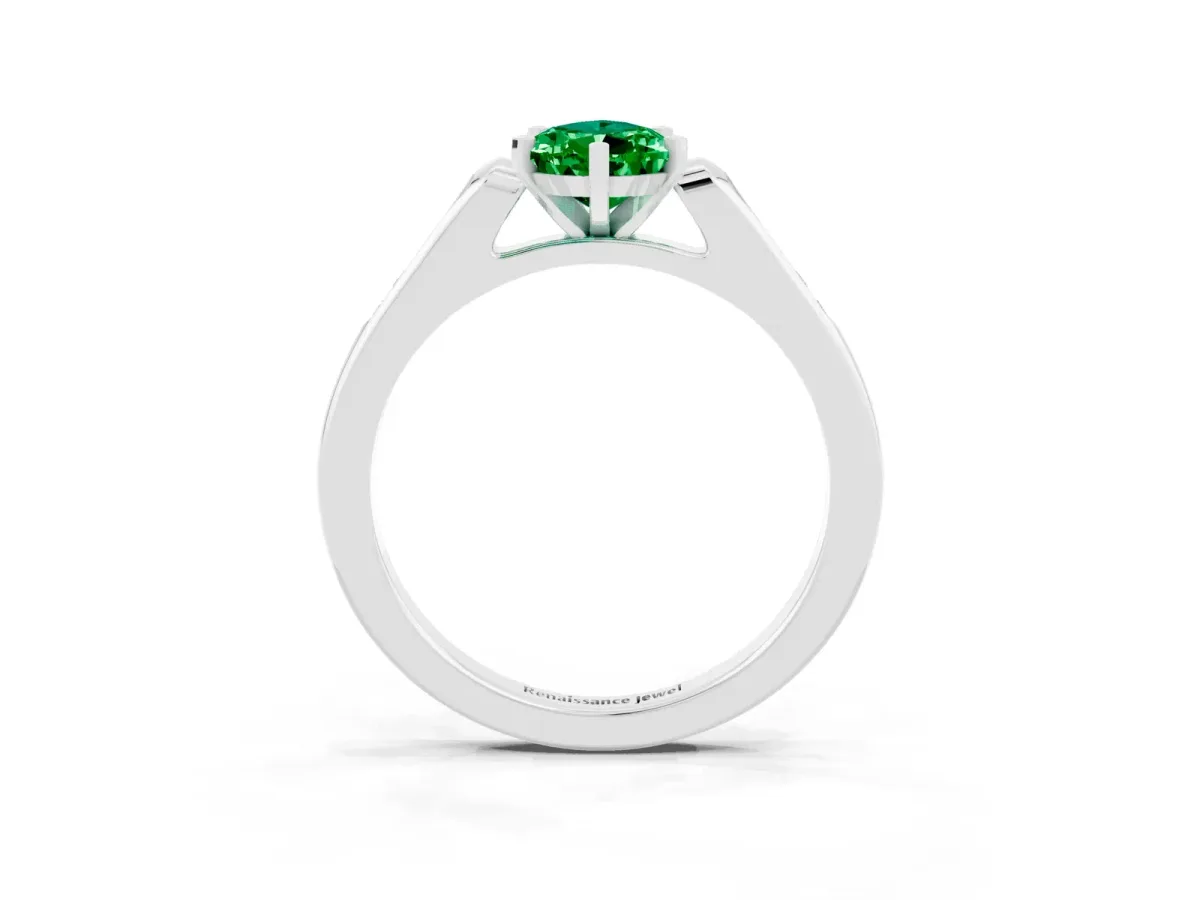Pear Cut Emerald Solitaire Ring with Channel Set Round Band and Prong Setting Silver