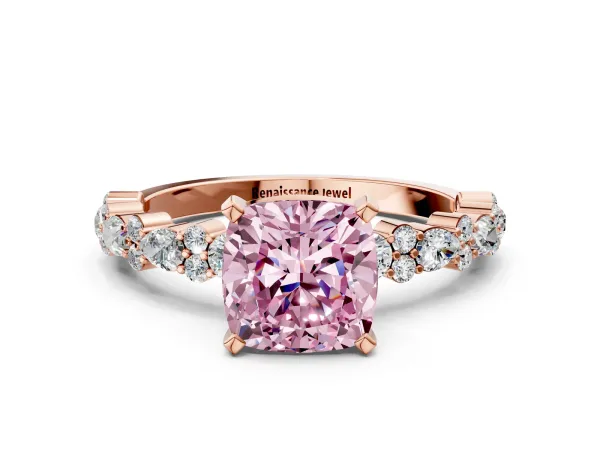 Fancy Pink Cushion Cut Diamond Side Stone Solitaire Ring with Round and Four-Prong Setting Rose gold