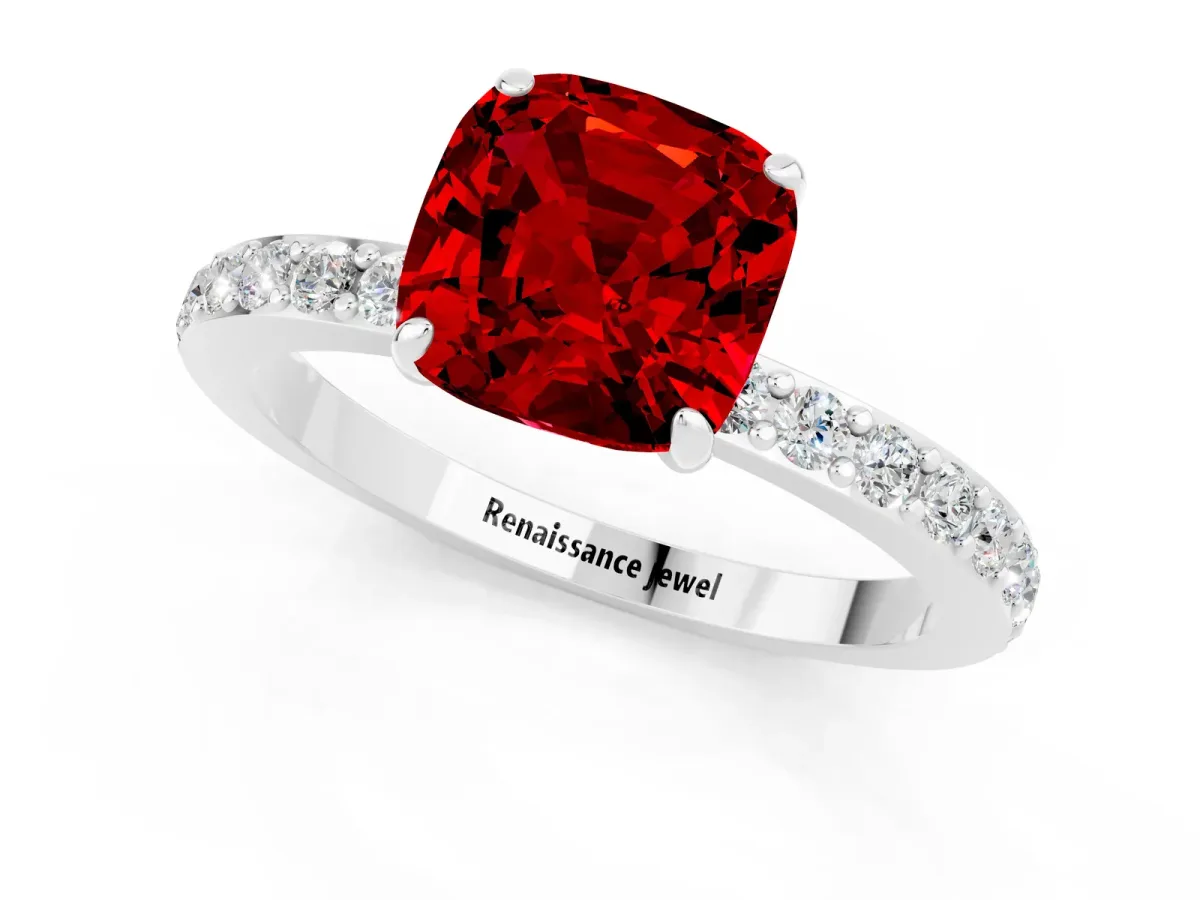 Cushion Cut Ruby Pavé Engagement Ring with Round Accents and Prong Setting Platinum