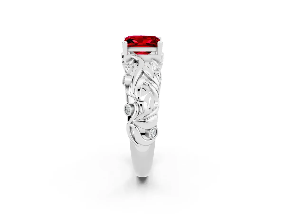 Princess Cut Solitaire Ruby Leaf-Inspired Vine Band Ring with Prong Setting White gold