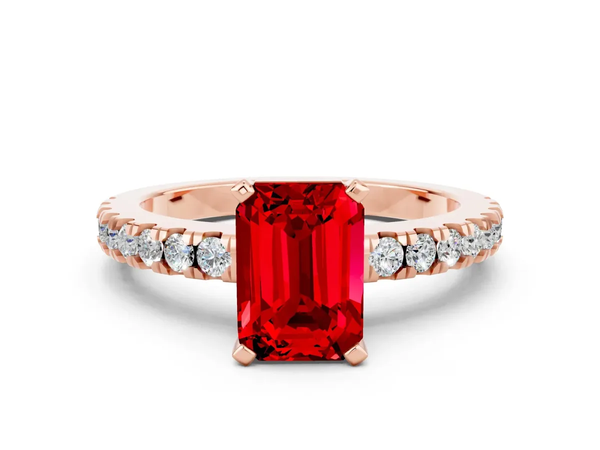 Emerald Cut Solitaire Ruby with Pavé Band and Four-Prong Setting Rose gold