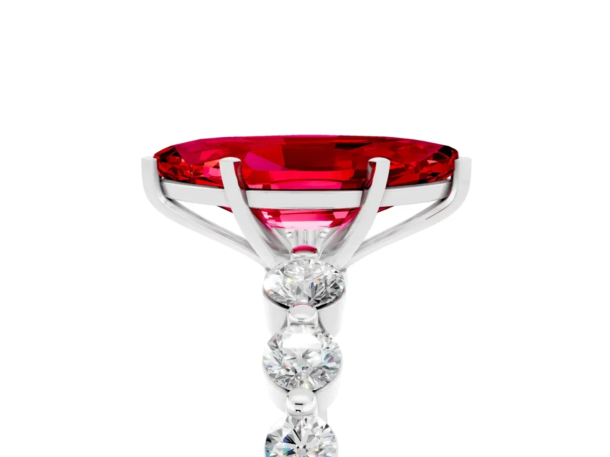 Marquise Cut Solitaire Ruby Ring with Pave Band and Four-Prong Setting Silver