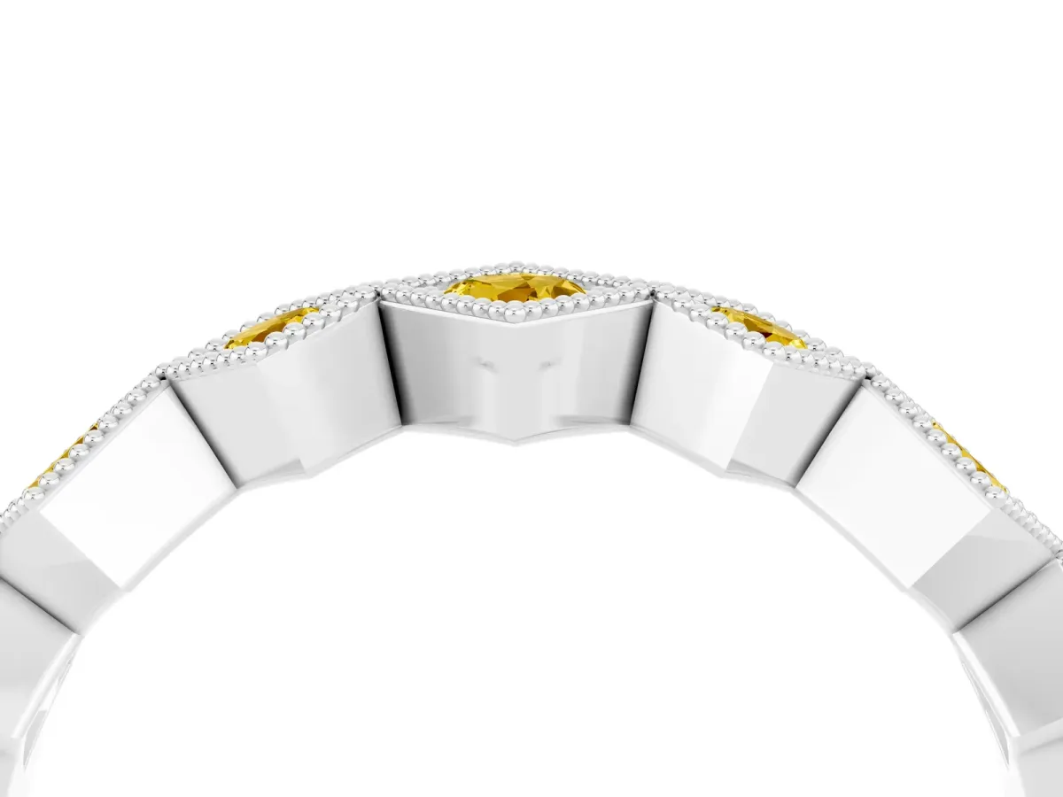 Milgrain Square Bezel Round Yellow Sapphire Chevron Band Silver