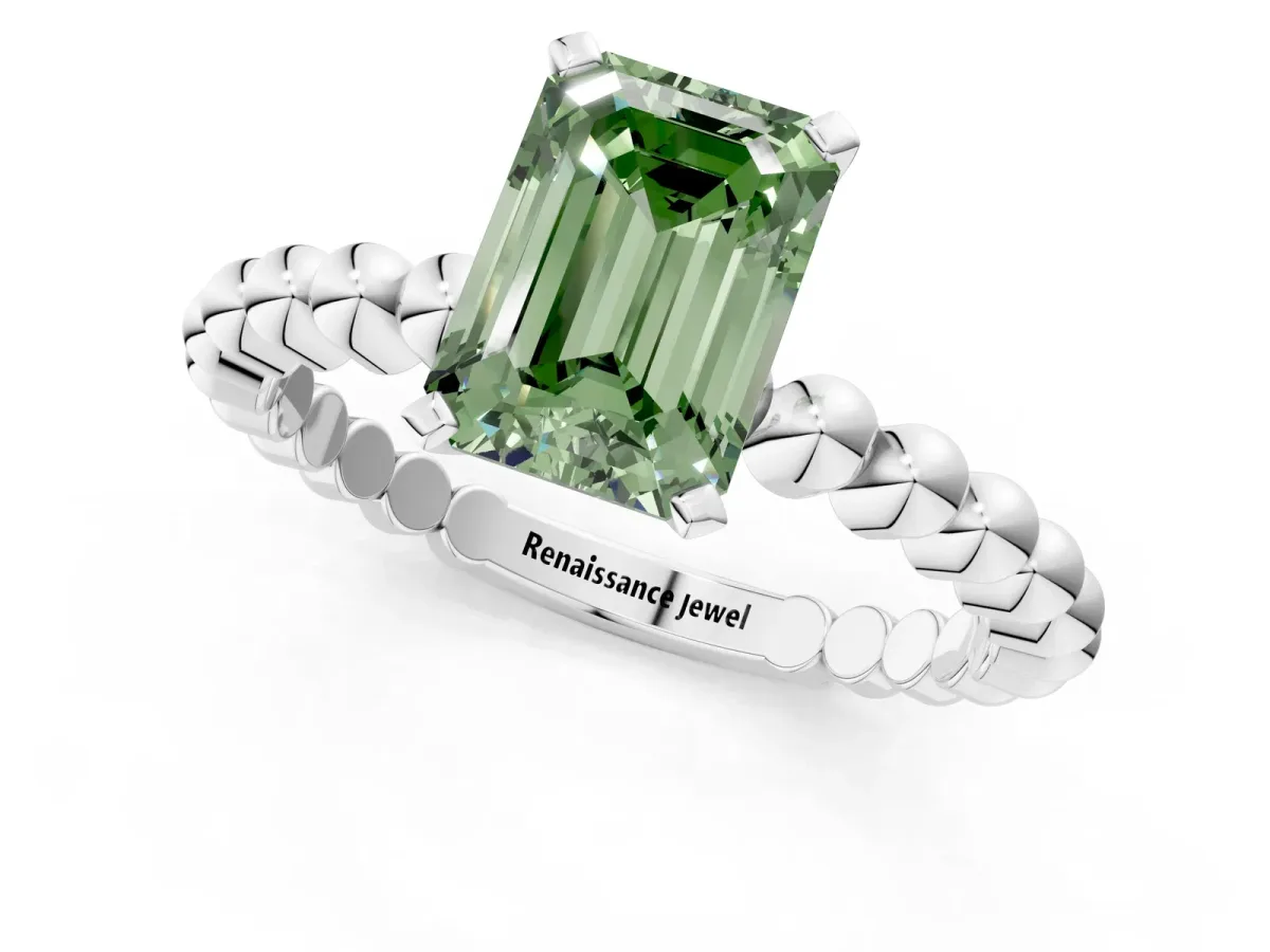 Fancy Green Emerald Cut Diamond Solitaire Ring with Beaded Band and Prong Setting Silver