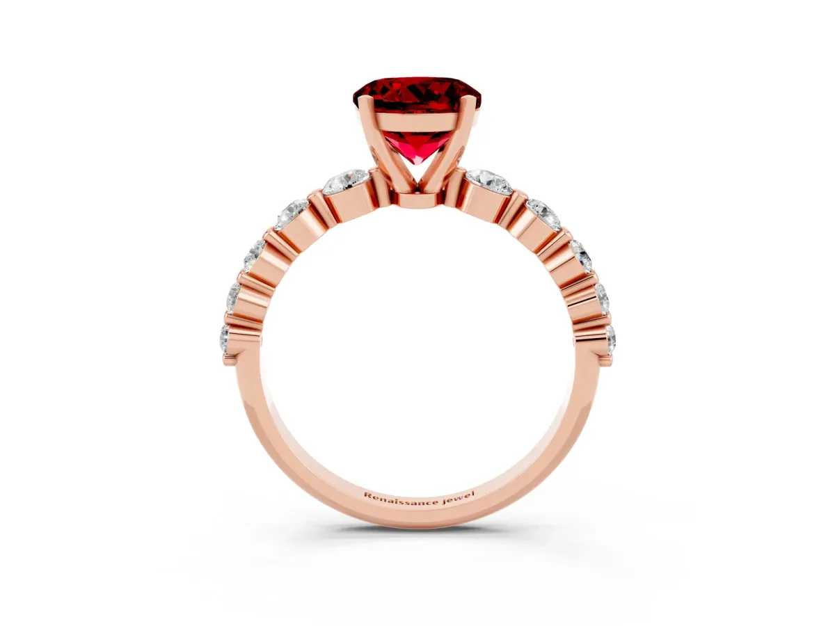 Round Cut Solitaire Ruby Ring with Pave Band and Four-Prong Setting Rose gold