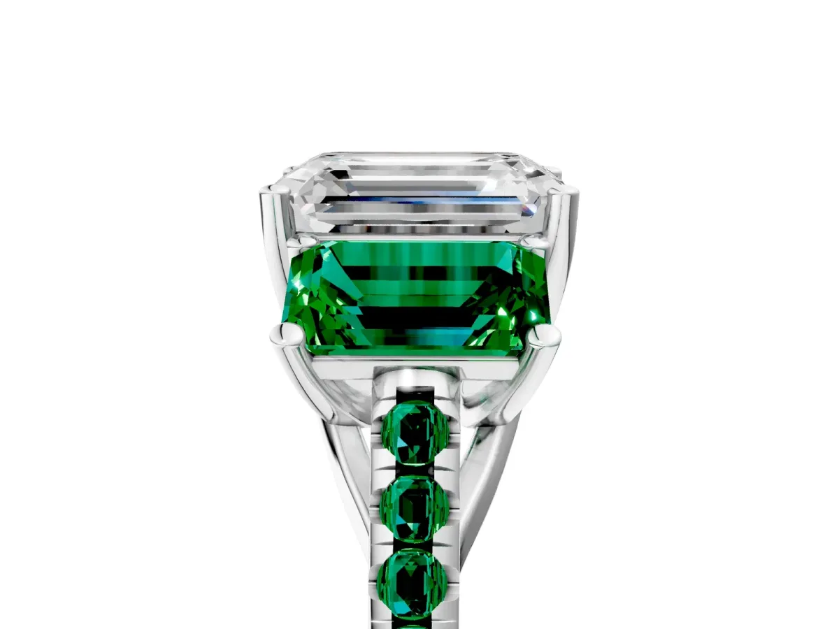 Three-Stone Emerald Cut Diamond Ring with Round Emerald Pavé Band and Prong Setting Silver