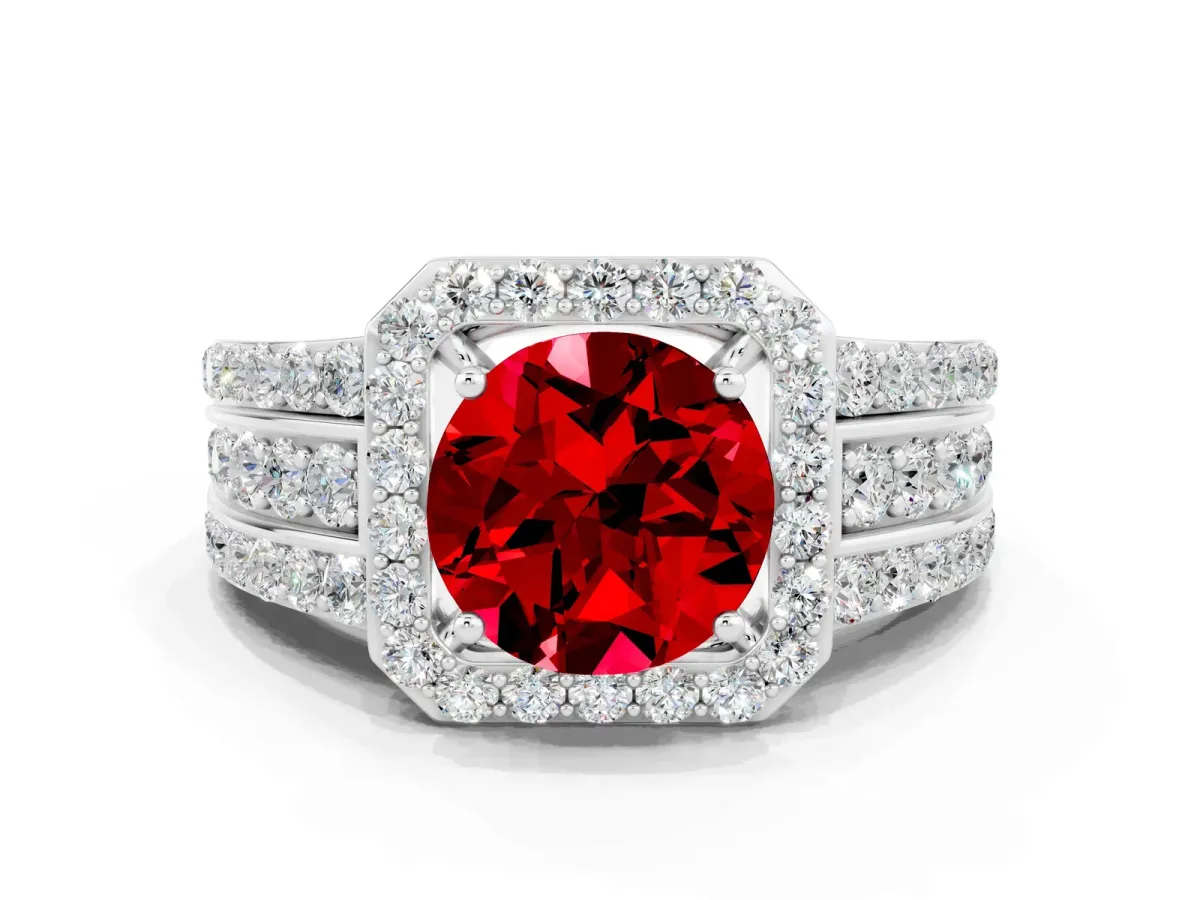 Round Cut Halo Ruby Ring with Round Split Shank and Prong Setting Platinum