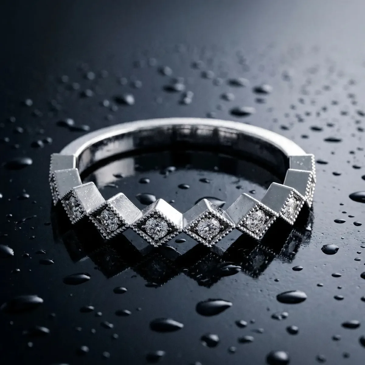 Milgrain Diamond Geometric Stackable Band with Round Cut Stones and Bezel Setting White gold
