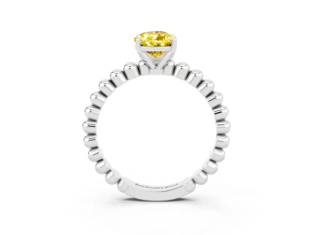 Pear Cut Yellow Sapphire Solitaire Ring with Beaded Band and Prong Setting Silver
