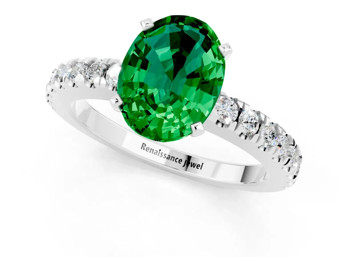 Oval Cut Solitaire Emerald with Pavé Band and Four-Prong Setting White gold
