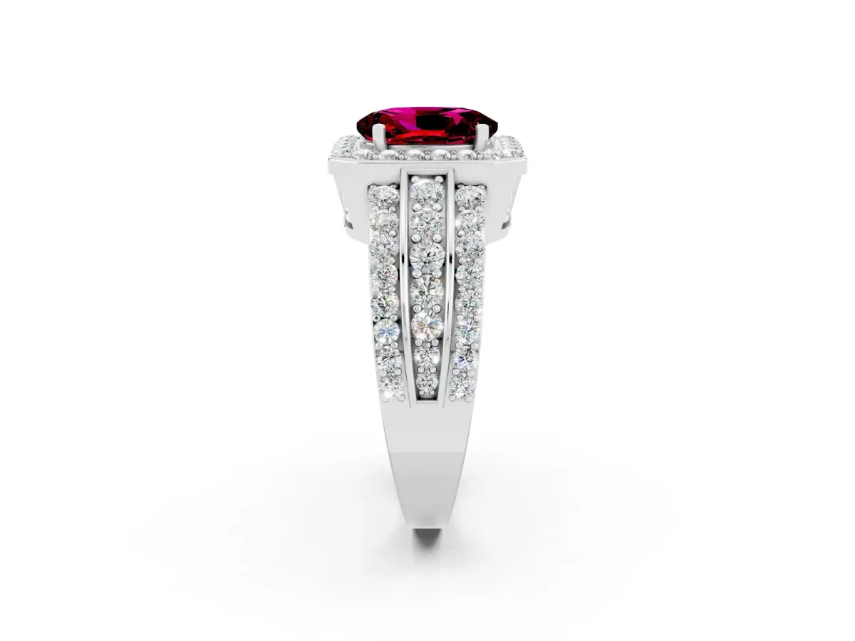 Oval Cut Halo Garnet Ring with Round Split Shank and Prong Setting Platinum