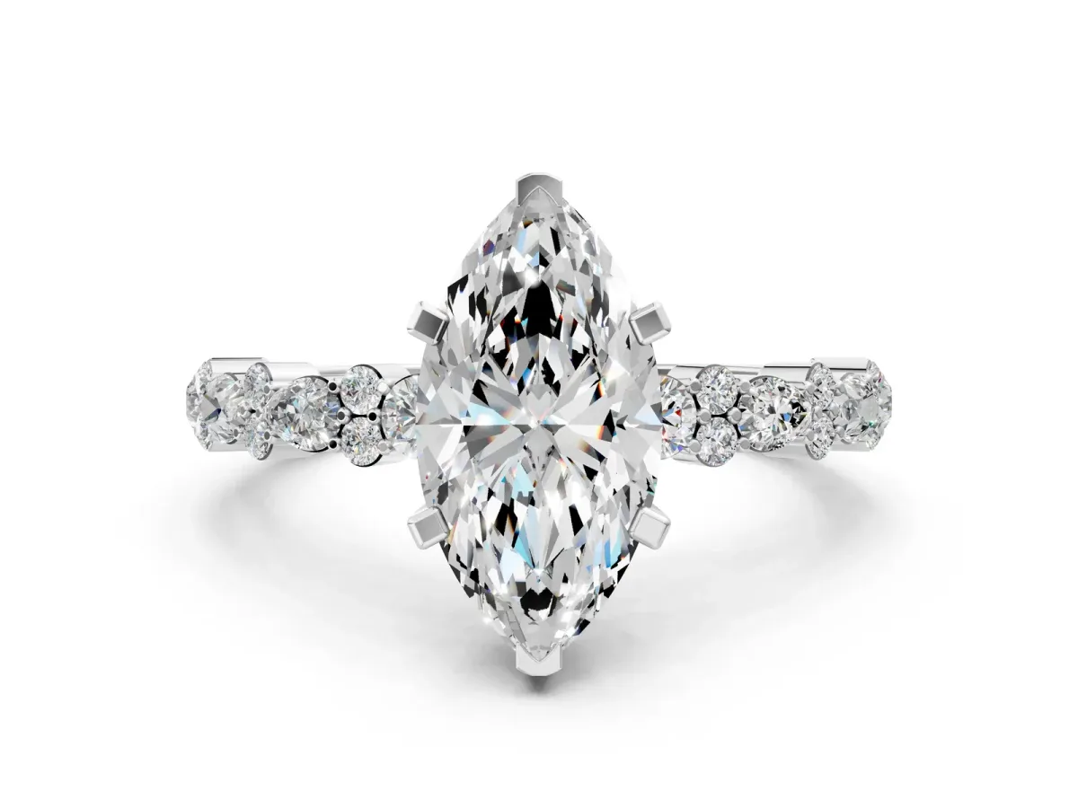 Marquise Cut Diamond Side Stone Solitaire Ring with Round Moissanite and Four-Prong Setting Silver