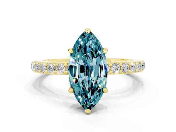 Marquise Cut Blue Topaz Solitaire Engagement Ring with Pavé Band and Four-Prong Setting Yellow gold