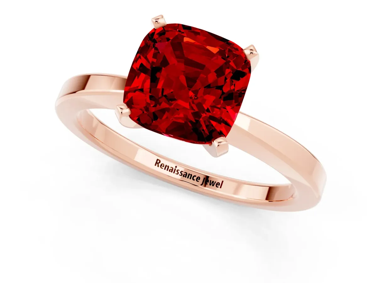 Cushion Cut Ruby Solitaire Engagement Ring with Classic Band and Four-Prong Setting Rose gold
