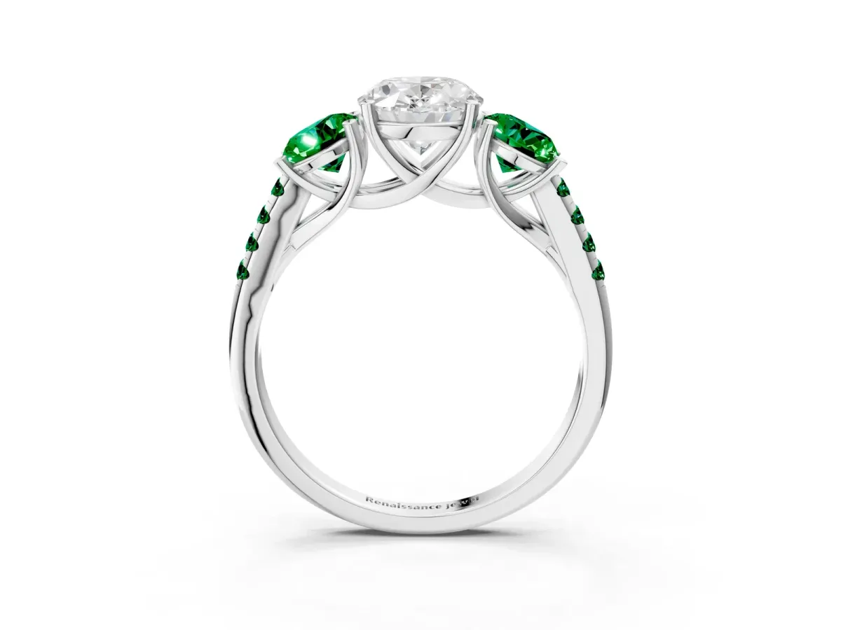 Three-Stone Oval Cut Diamond Ring with Round Emerald Pavé Band and Prong Setting Silver