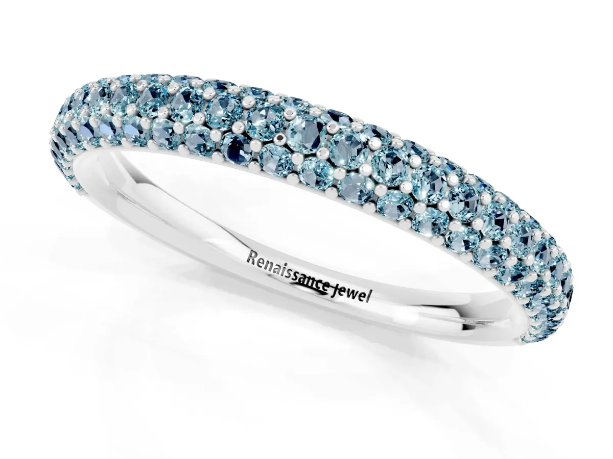 Round Aquamarine Pavé Eternity Band with Shared Prong Setting Platinum