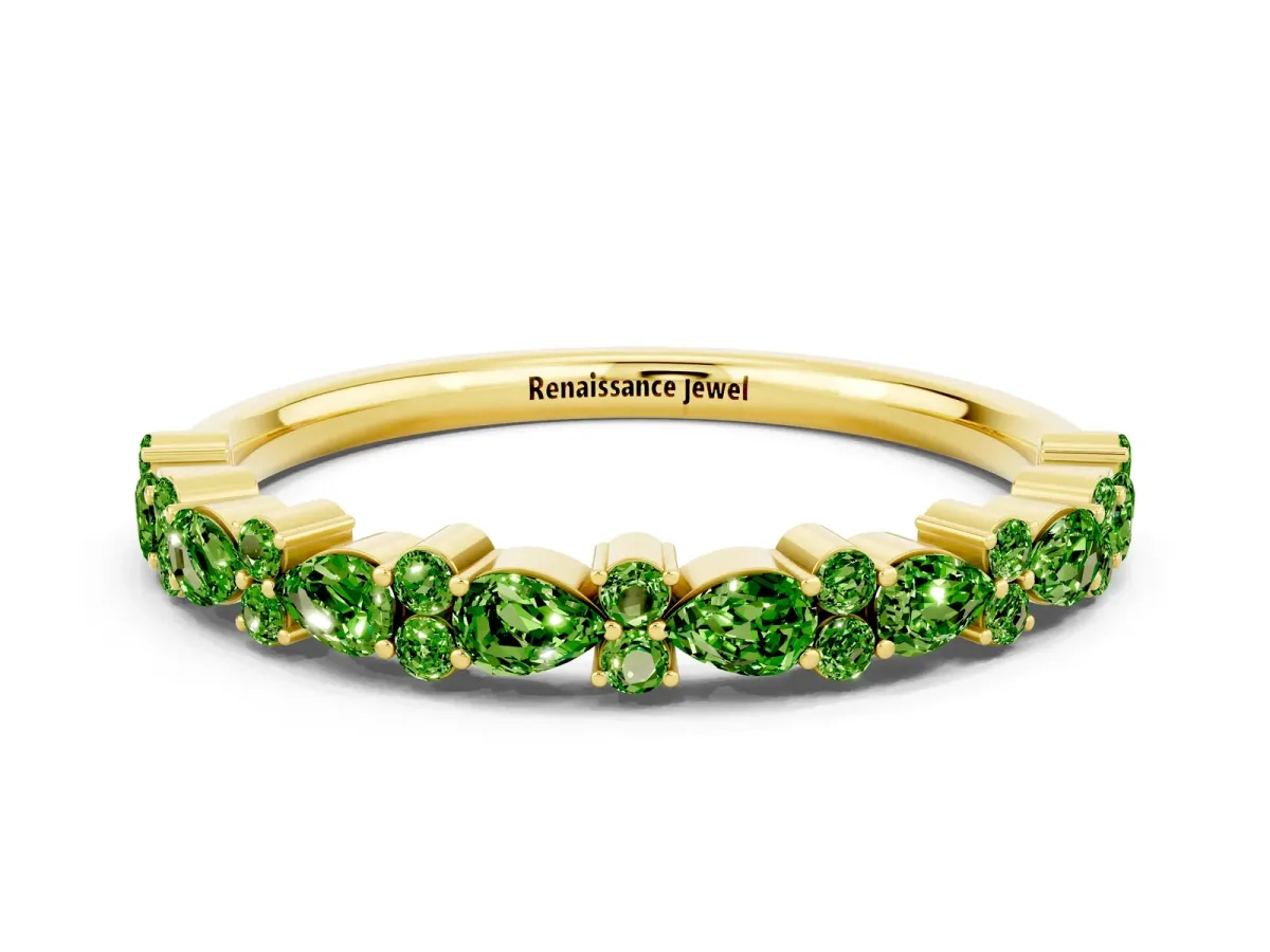 Pear and Round Peridot Wedding Band Yellow gold