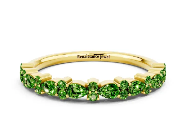 Pear and Round Peridot Wedding Band Yellow gold