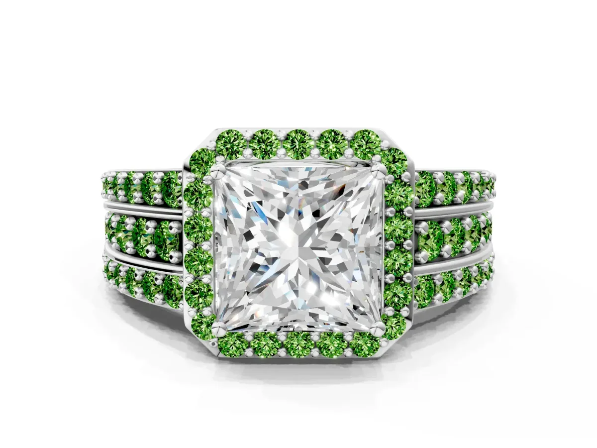 Princess Cut Halo Diamond Ring with Round Peridot Split Shank and Prong Setting Silver