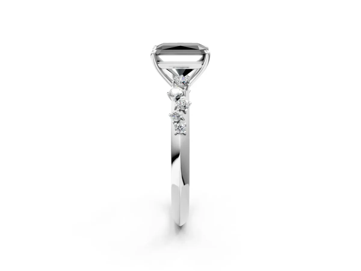 Fancy Black Radiant Cut Diamond Cluster Side Stone Solitaire Ring with Prong Setting Platinum