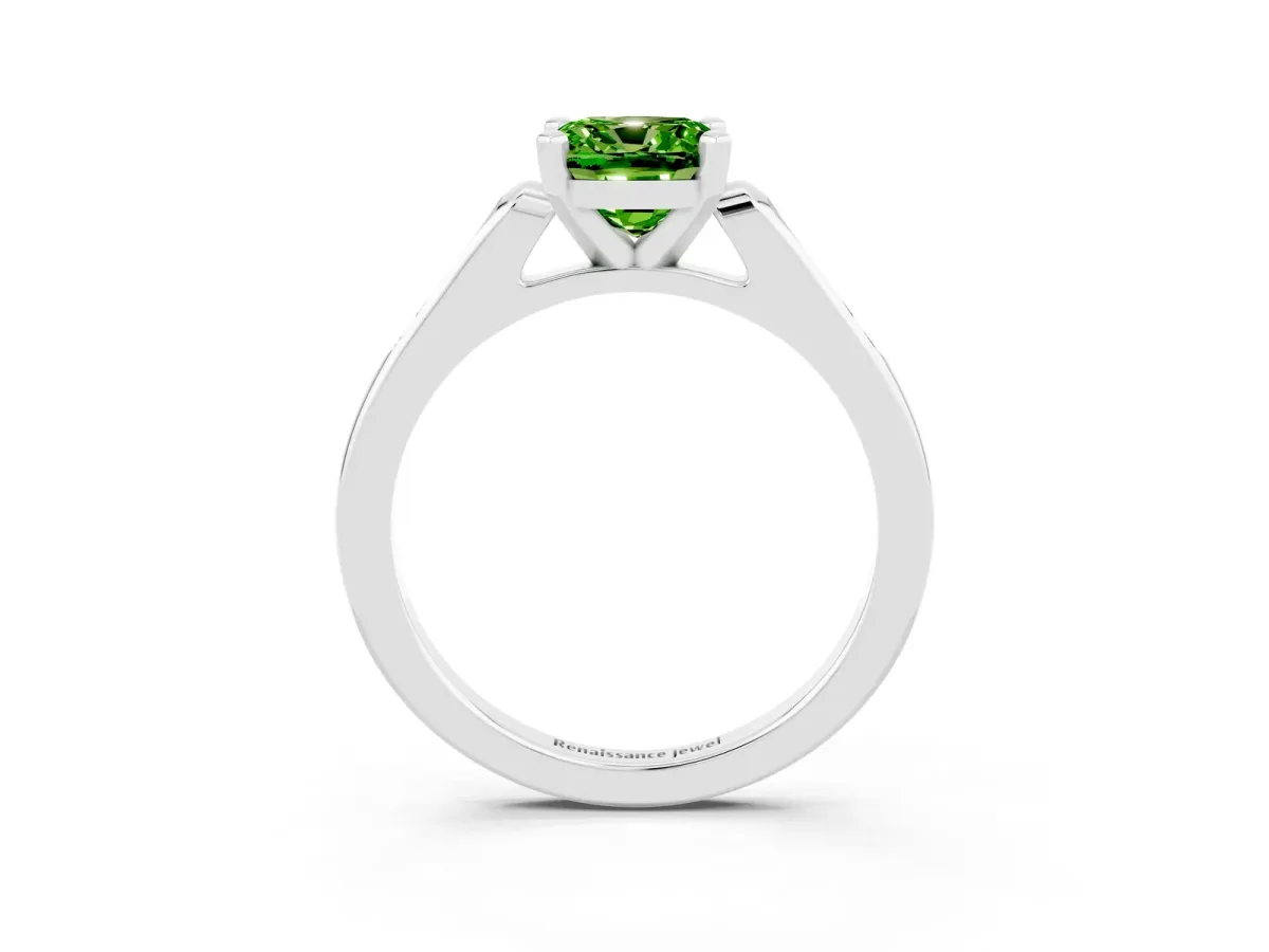 Cushion Cut Peridot Solitaire Ring with Channel Set Round Band and Prong Setting Silver