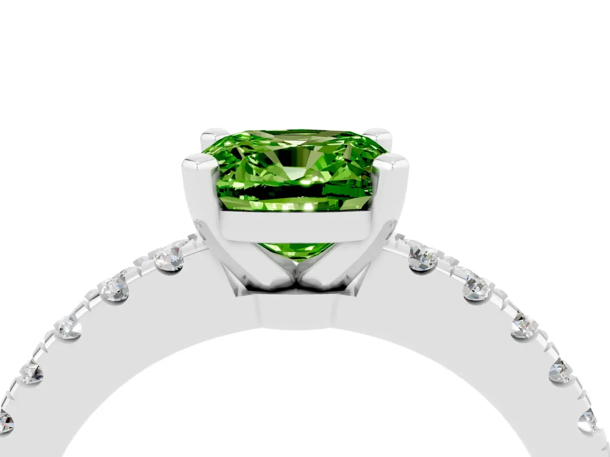 Cushion Cut Solitaire Peridot with Pavé Band and Four-Prong Setting Silver