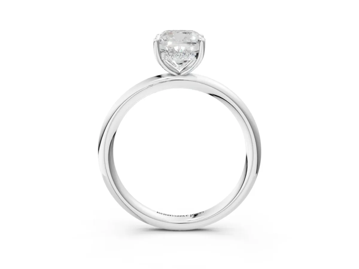 Cushion Cut Diamond Solitaire Ring with Thin Band and Four-Prong Setting White gold