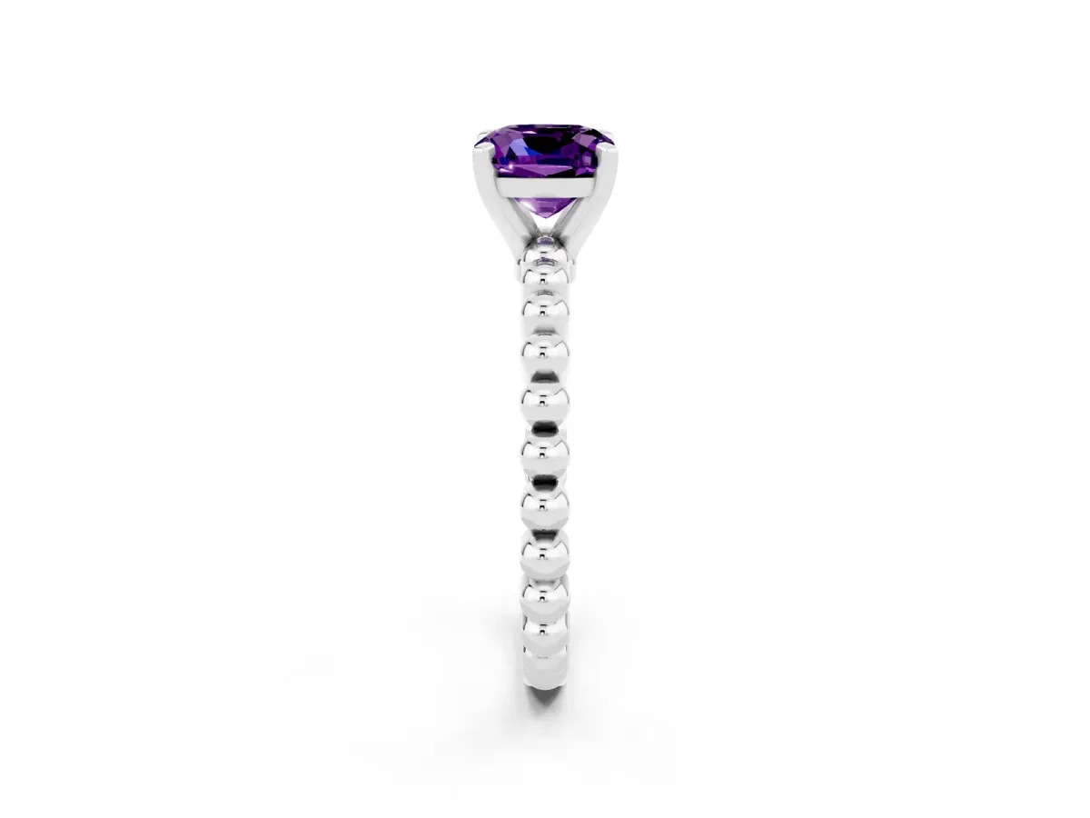 Cushion Cut Amethyst Solitaire Ring with Beaded Band and Prong Setting White gold