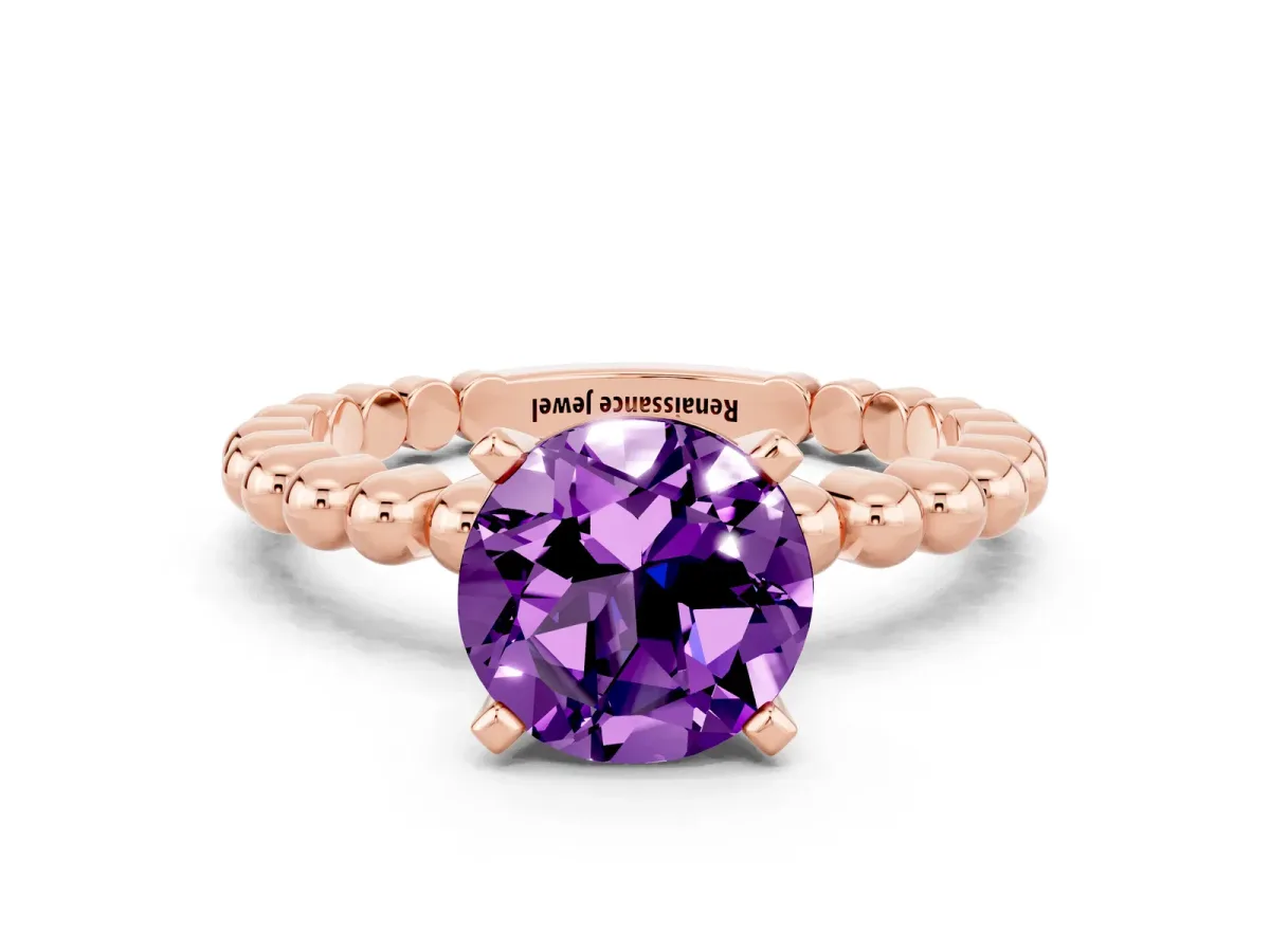 Round Cut Amethyst Solitaire Ring with Beaded Band and Prong Setting Rose gold