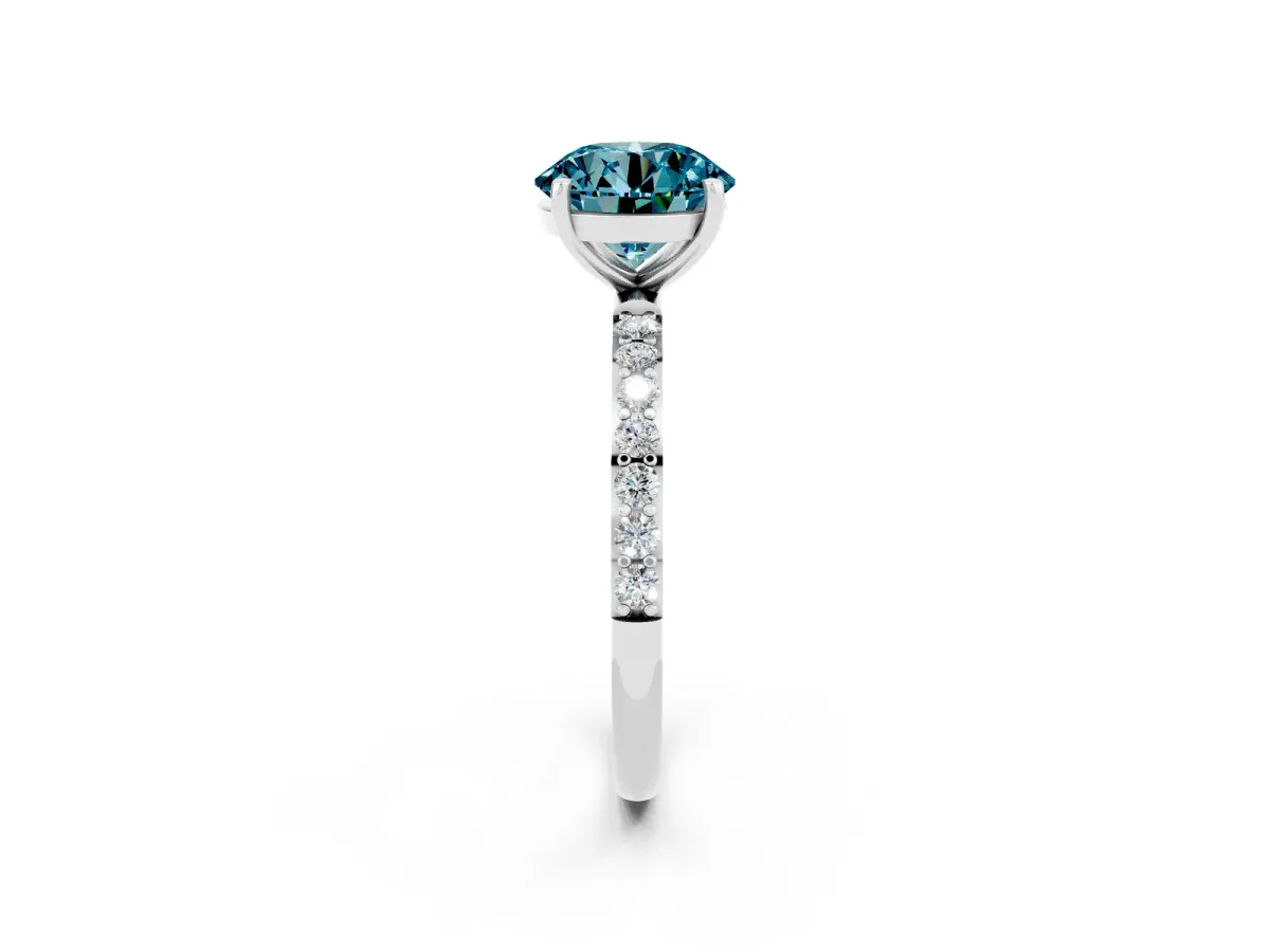 Round Cut Blue Topaz Solitaire Ring with Round Pavé Band and Prong Setting Silver