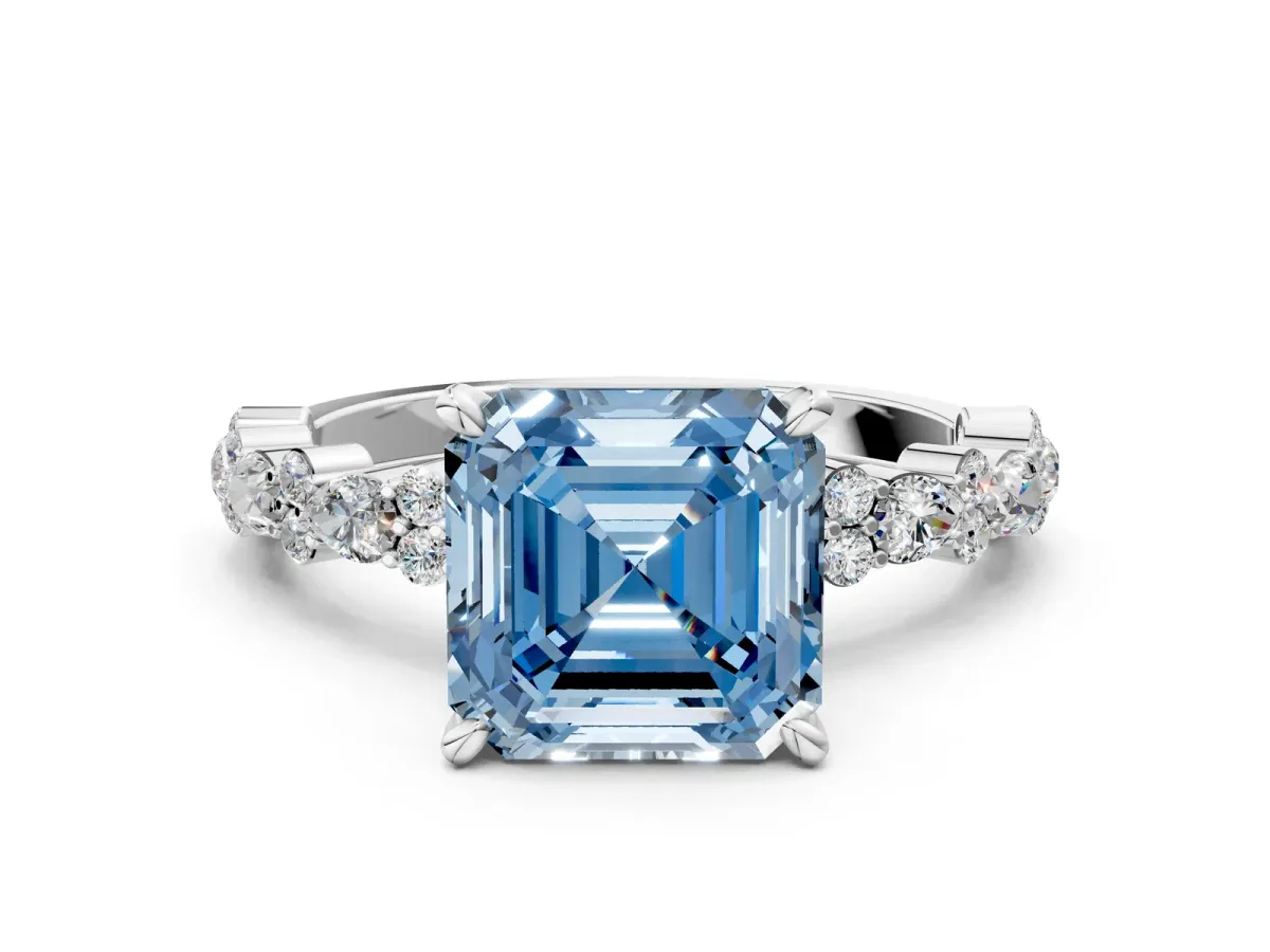 Fancy Blue Asscher Cut Diamond Side Stone Solitaire Ring with Round and Four-Prong Setting White gold