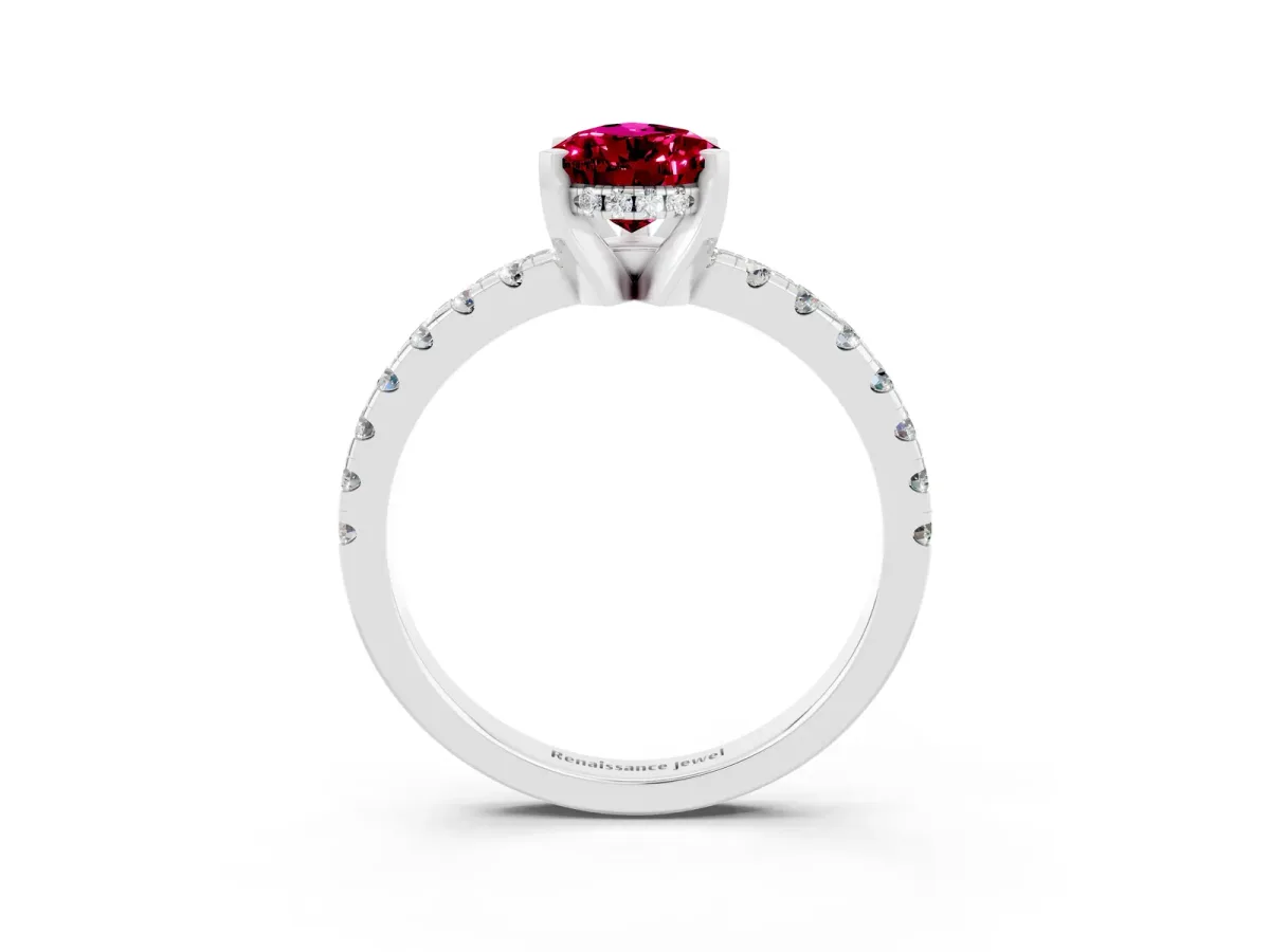 Pear Cut Garnet Solitaire Ring with Round Pavé Band and Four-Prong Setting Silver