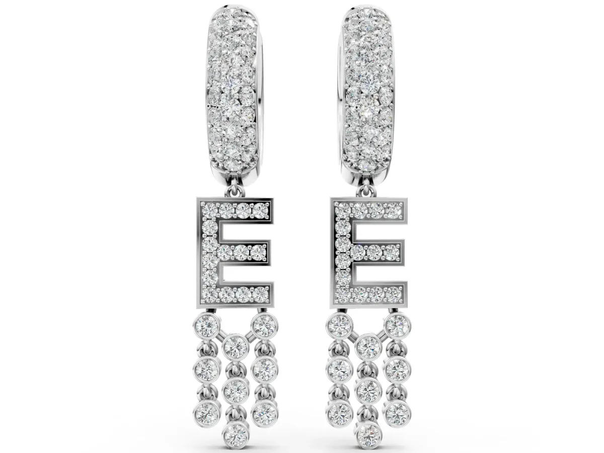 Round Diamond Initial E Huggie Hoop Earrings White gold