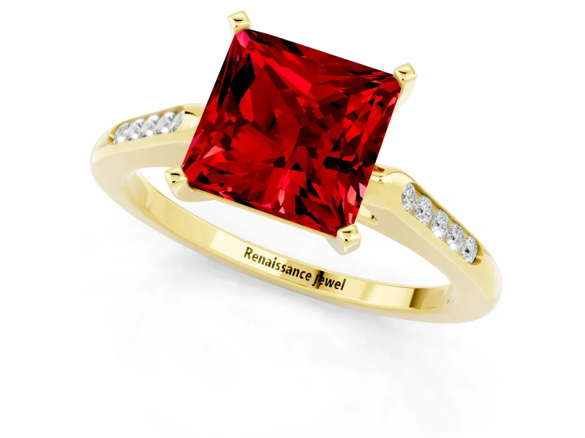 Princess Cut Ruby Solitaire Ring with Channel Set Round Band and Prong Setting Yellow gold