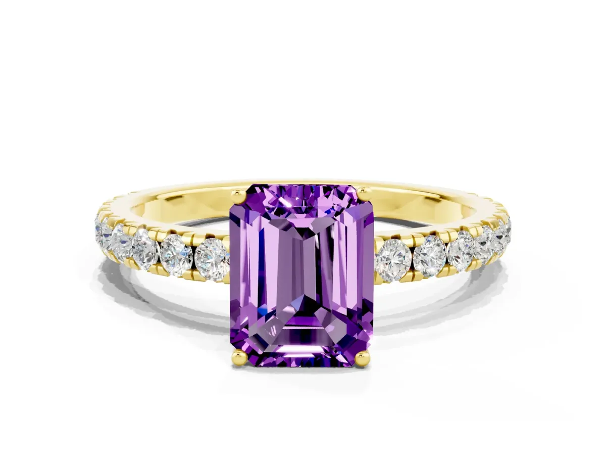 Emerald Cut Amethyst Pavé Solitaire Engagement Ring with Four-Prong Setting Yellow gold
