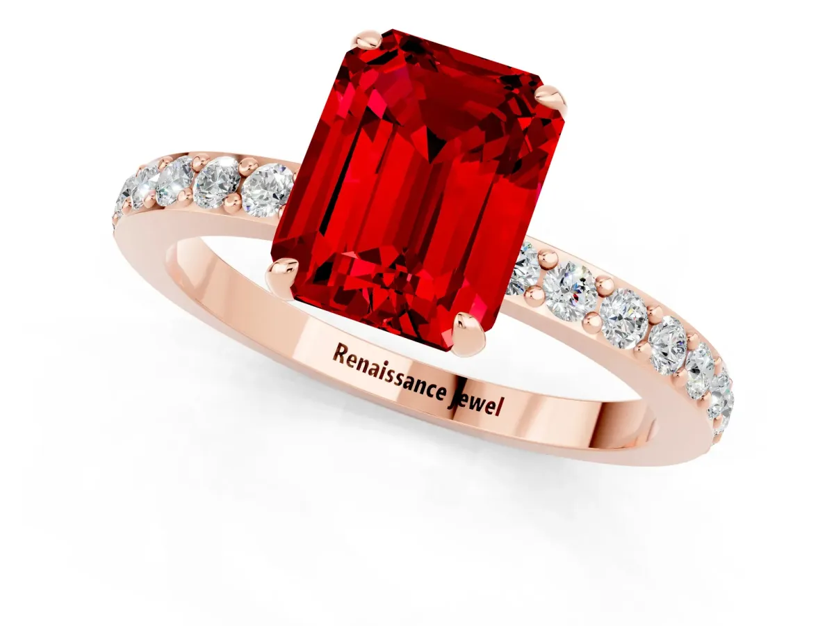 Emerald Cut Ruby Solitaire Engagement Ring with Pavé Band and Four-Prong Setting Rose gold