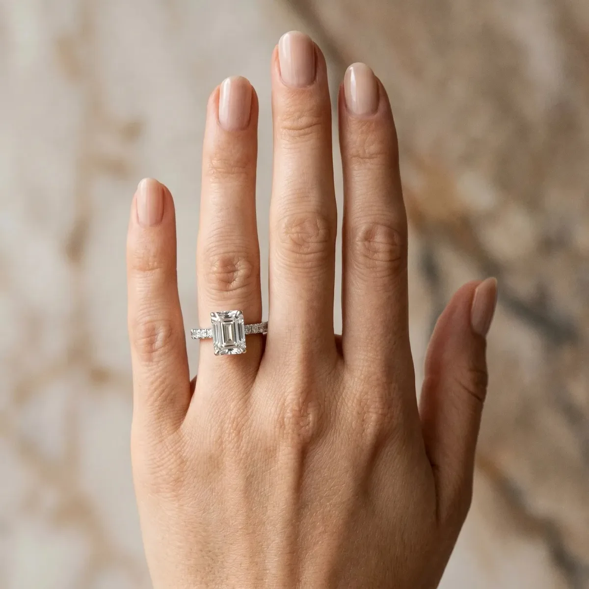 Emerald Cut Diamond Pave Band Solitaire Ring with Round and Prong Setting Platinum