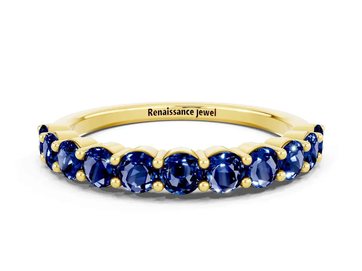 Round Blue Sapphire Half Eternity Band with Prong Setting Yellow gold